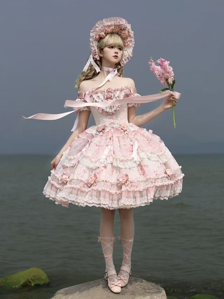 Ruffle Hime with Multi-Layered Lolita Pink Accents Puffy Rose Dress