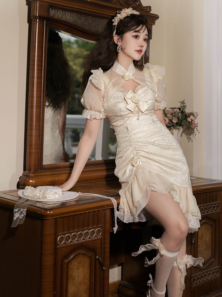 ロリータ マーメイド ローズ ヘムライン フリル ジャカード アイボリー デコレーション ディテール ビーズ JSK