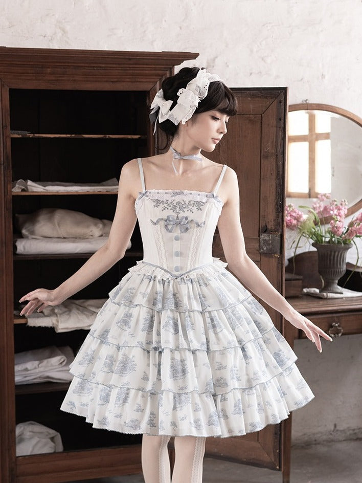 White Lace Trim Collar with Blue Floral Pattern - CEL