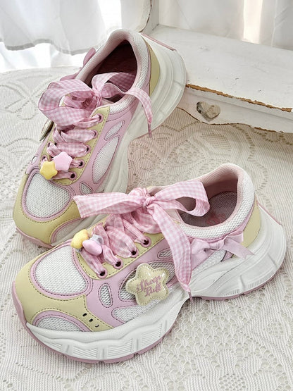 in Platform Pink Lolita Design Bow Plaid Lace-up Star Sweet Details Sneakers Yellow And