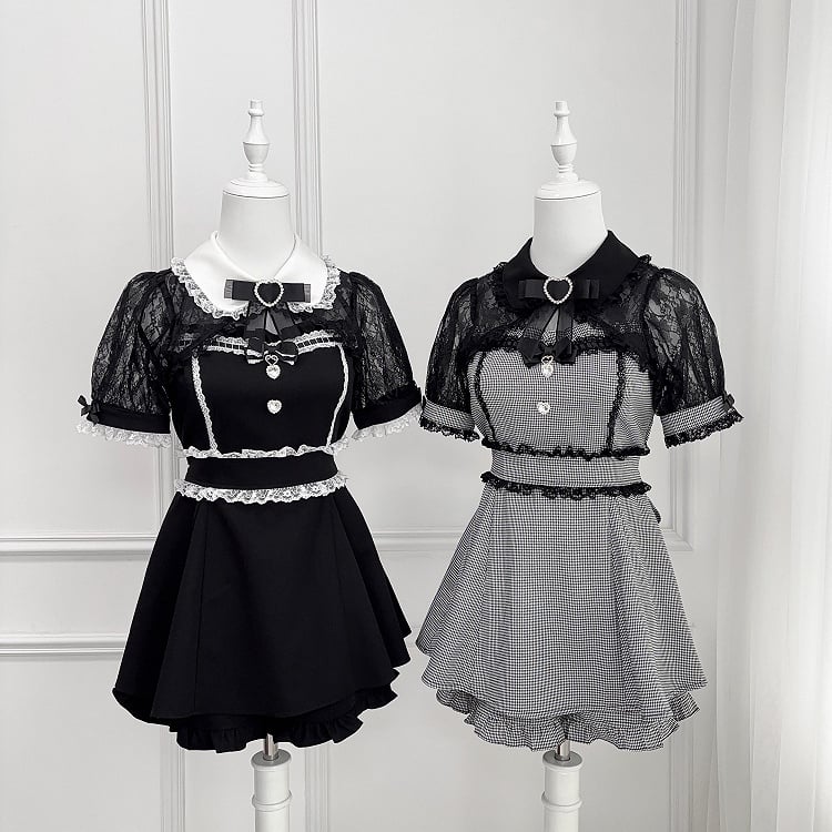 Sweetheart Bowtie Strass Kei Schal Hahnentritt -Shirt Schwarz Jirai Set Top Shorts Spitze Kragen Dekoration +