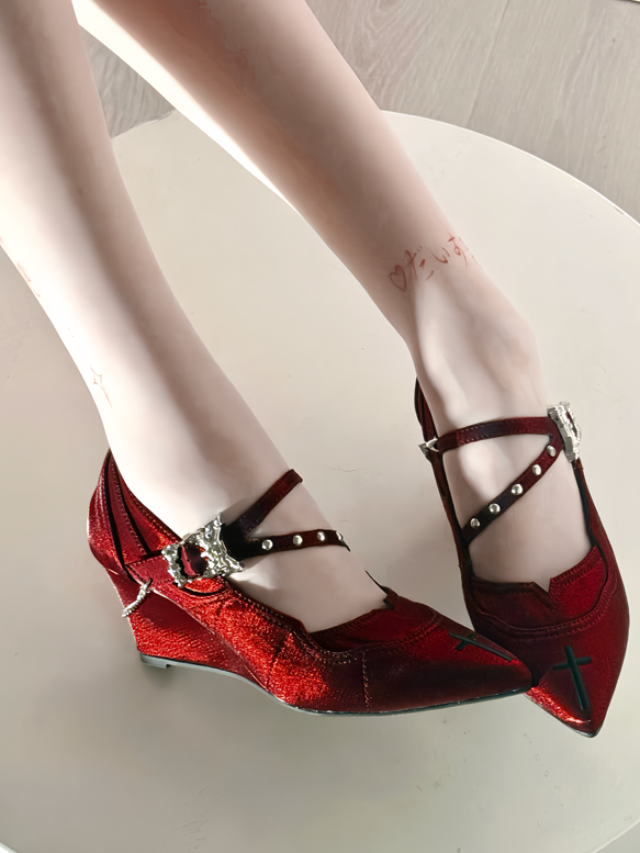 Cross Mary Toe Pointed with Velvet Shoes Gothic Red Embroidery Jane Heel 7cm