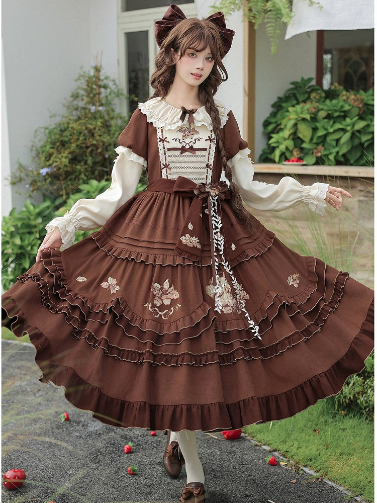 Brown Acorn & Squirrel Embroidered Lolita OP Dress with Peter Pan Collar, Ruffles, Belt, Brooch & Bow Hairclip - With PUJI