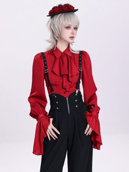 Red Pleated Shirt with Foldover Collar, Ruffle Cuffs, and Jabot Tie - DevilInspired Exclusive Collection