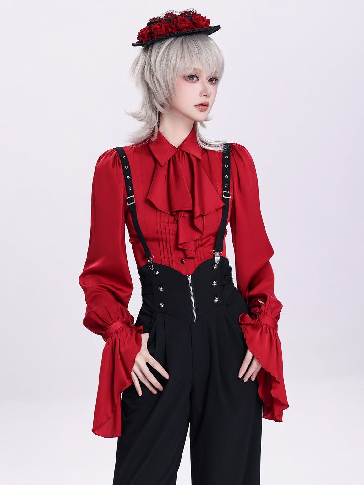 Red Foldover Collar Pleated Shirt with Jabot and Ruffle Cuffs - DevilInspired Exclusive Collection