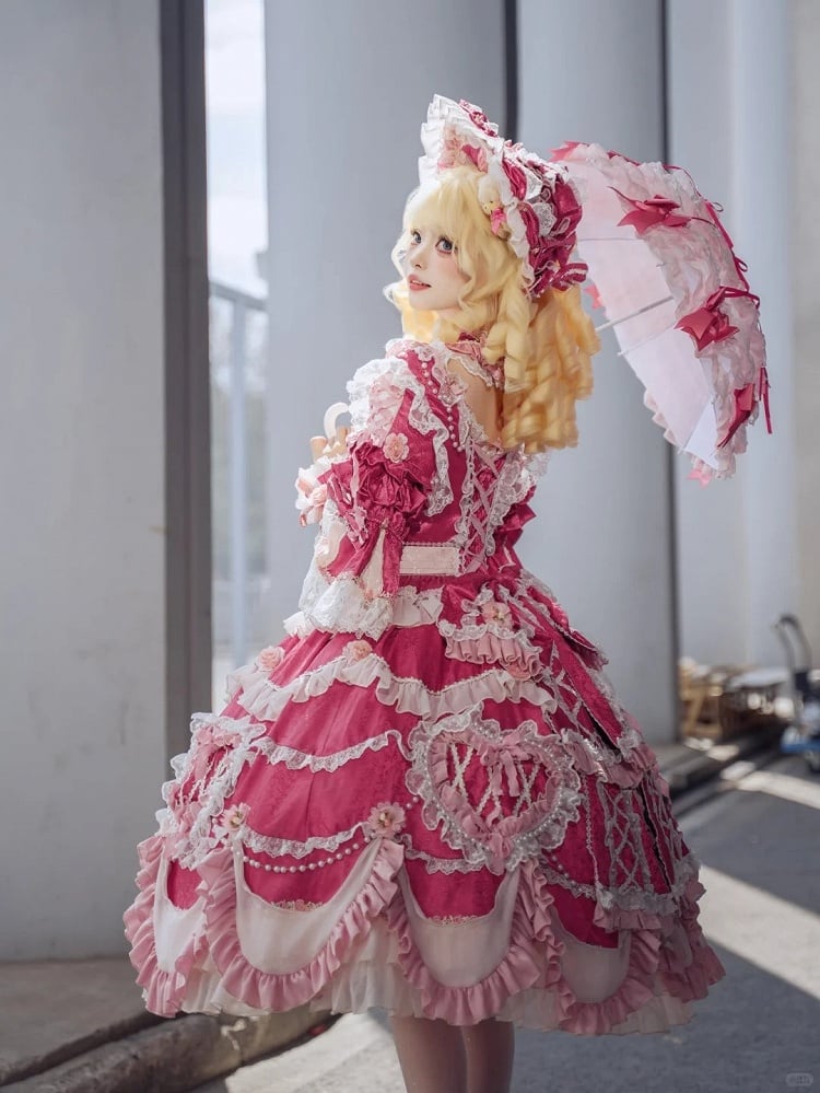 Hanayome Details Bead Embroidery Chain and Rosette Dress Rose Floral Lolita Pink