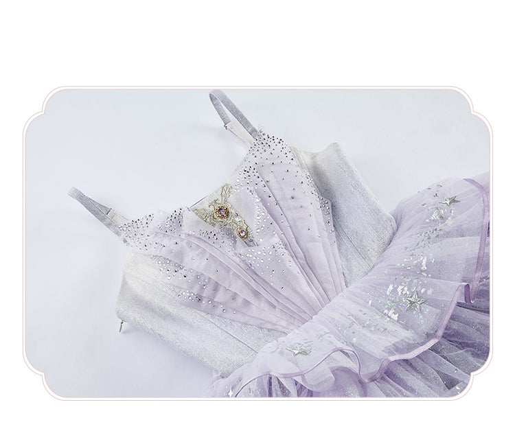 Purple Rhinestone Balletcore Lolita Silver Star Shimmer Dress - Nikki Tomorrow