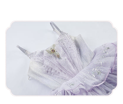 Purple Rhinestone Balletcore Lolita Silver Star Shimmer Dress - Nikki Tomorrow