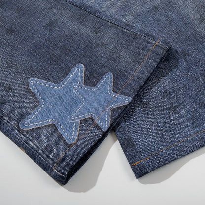 Vintage Kawaii Blue Star Print Flare Jeans - Languid Park