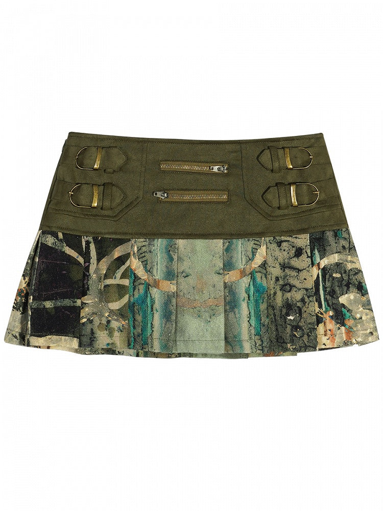 Built-in Shorts Y2K with Denim Skirt Suede Green Patchwork A-Line