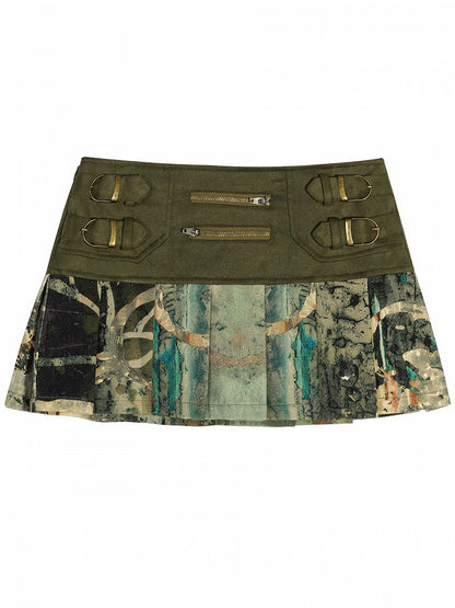 Built-in Shorts Y2K with Denim Skirt Suede Green Patchwork A-Line