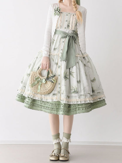 Lily of the Valley Print Light Green Summer Floral Dress Natural Kei Lolita Jumper Skirt