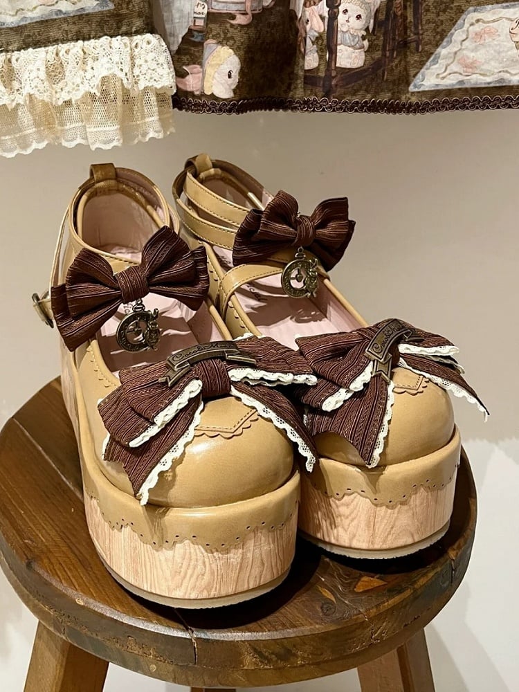 Light PU Round Clock Charm Brown - Shoes Toe Accents Platform Bow