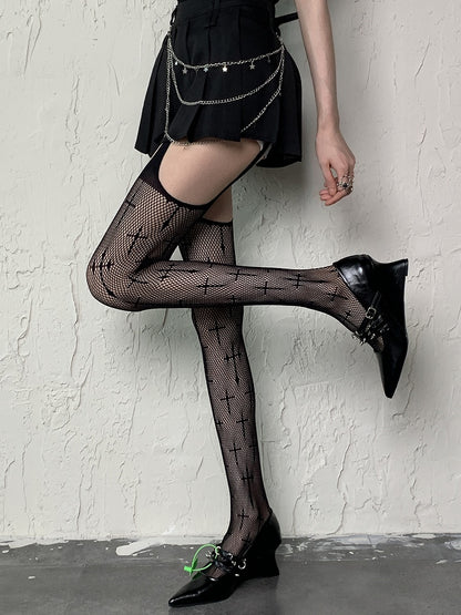 Suspender Tights Cross Pattern Fishnet White Y2K