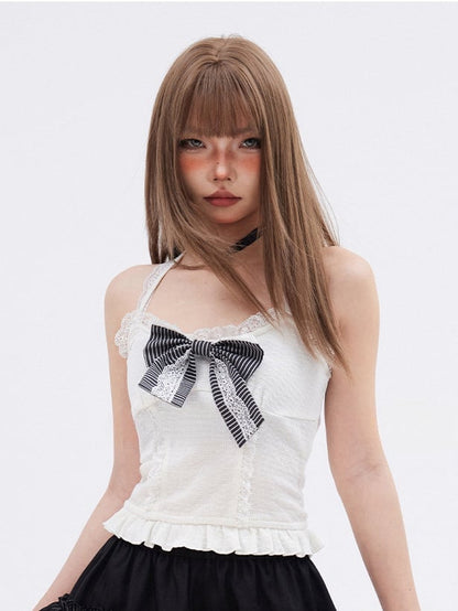 Saum Big Bow Glamorous Weiß Spitze Trim Rüschen Cami Top mit