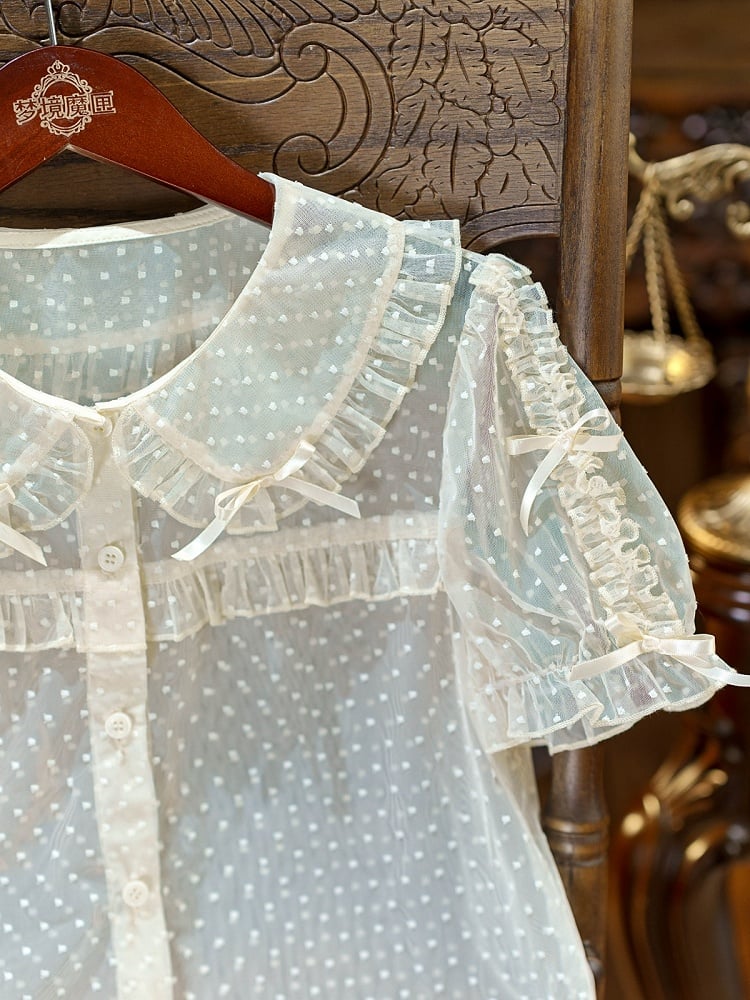 Apricot Peter Pan Collar Polka Dot Sheer Tulle Blouse - Dream Magic Box