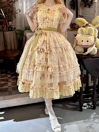 Sweet Bunny Yellow with and Sunflower Puff Lolita Overlay Dress Plaid Hem Sleeves Print