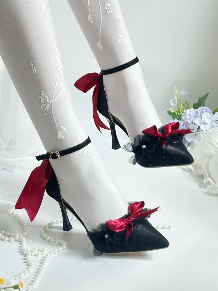 Wine Red Black Butterfly Bow Pointed Toe Lolita Shoes Buckle Strap - A Sky Rabbit