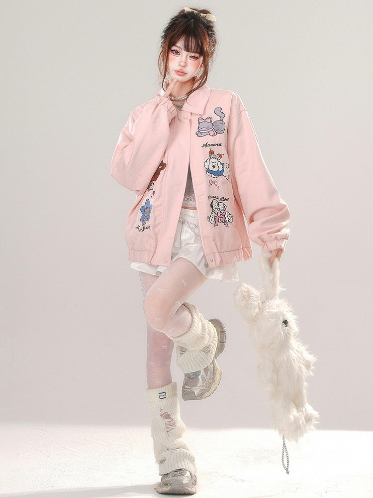Pink/Apricot Cute Animal Zip Placket Baseball Jacket