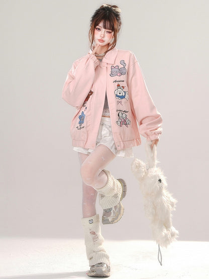 Pink/Apricot Cute Animal Zip Placket Baseball Jacket