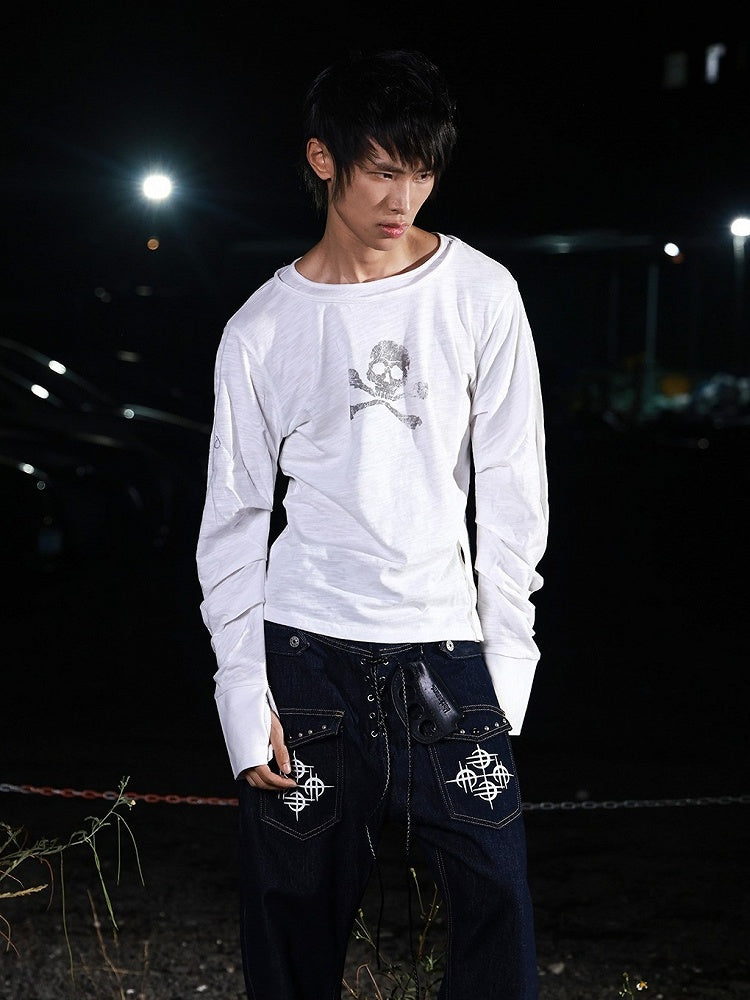 White Double Neckline Skull Star Print Long Sleeve Punk Top - DETW OnLine