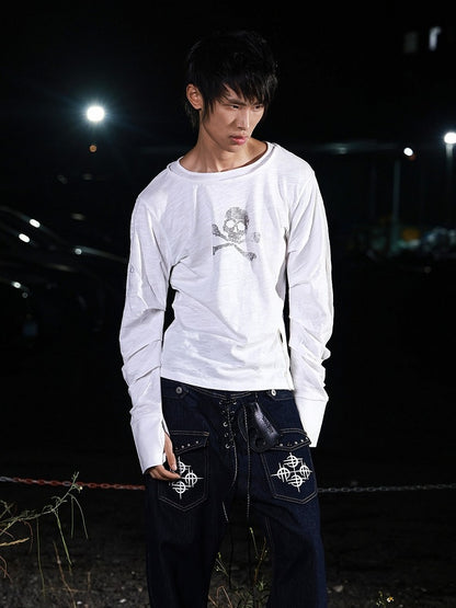 White Double Neckline Skull Star Print Long Sleeve Punk Top - DETW OnLine