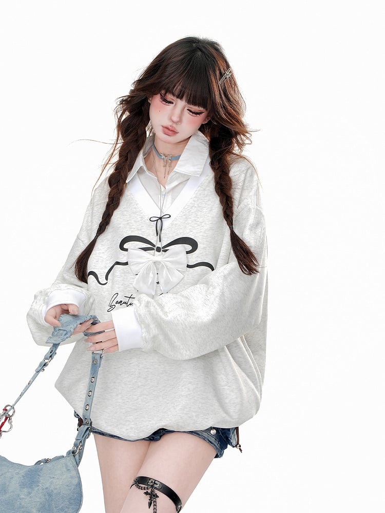 Graues zweiteiliges Sweatshirt-Poloshirt mit abnehmbarem Kragen und Schleife