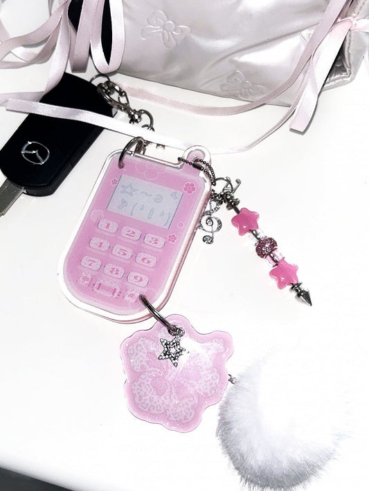 with Glitter Charm Pink Hibiscus Pom-Pon Resin Keychain Phone
