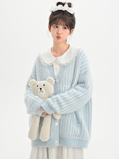 Cute Little Bear Plushie Adorned  Blue Striped Loose Cardigan