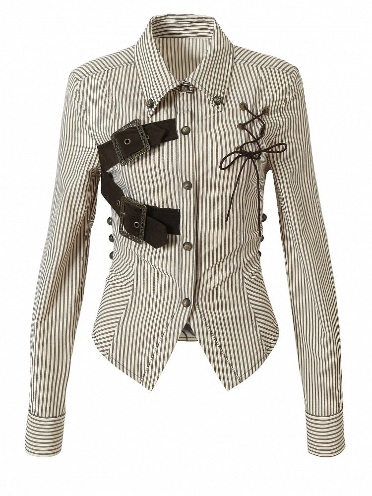ブラウンホワイトバックルレースアップ柄ストライプデザインウェイストランド装飾シャツパンク