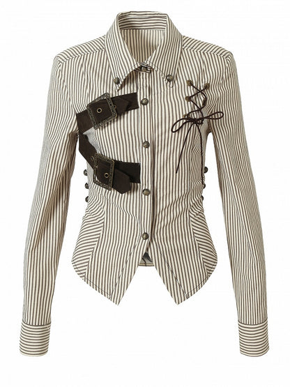 ブラウンホワイトバックルレースアップ柄ストライプデザインウェイストランド装飾シャツパンク