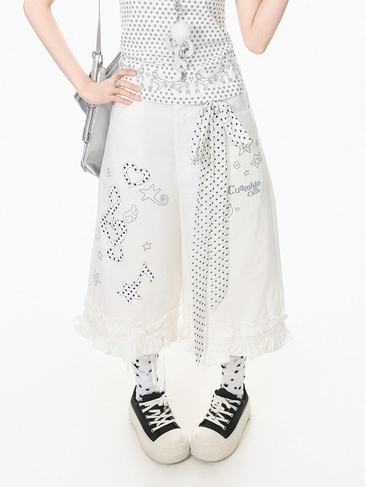 White Musical Note Cropped Wide-Leg Pants with Ruffle Hem - Languid Park