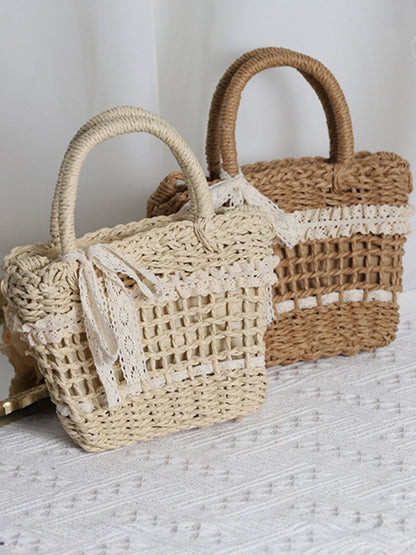 Lace Beige/Khaki Straw Detail Bag Lolita Country