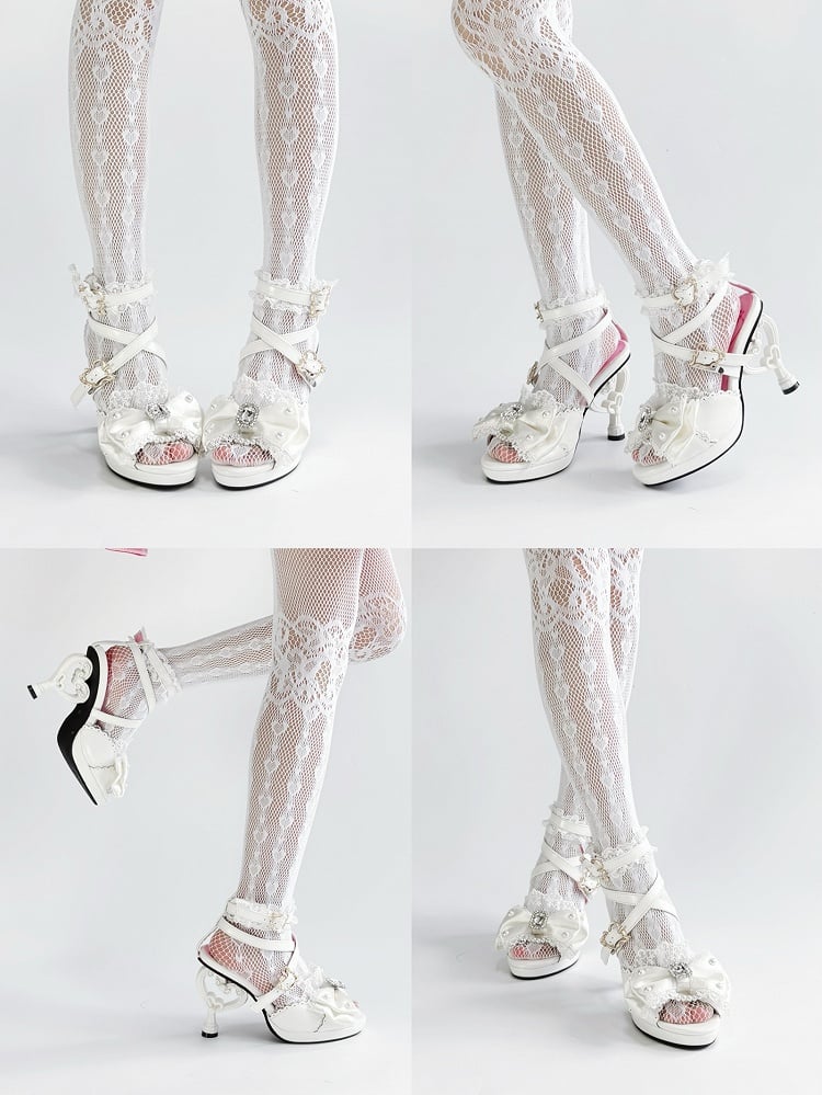 Mode Gyaru Sandalen Hohe Herzförmige Heels Weiß