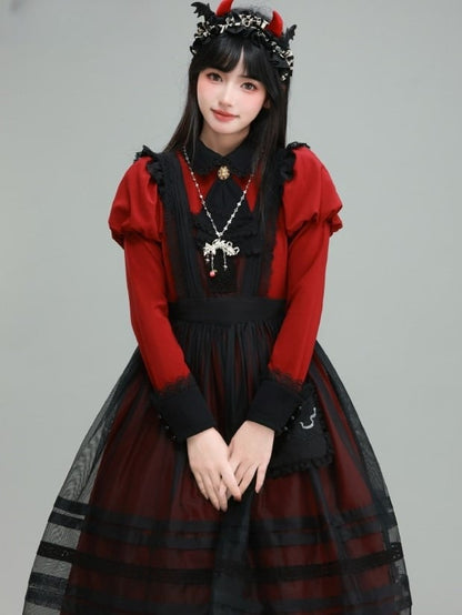 with Embroidered Pocket Overdress Black Lolita Lace-Trimmed
