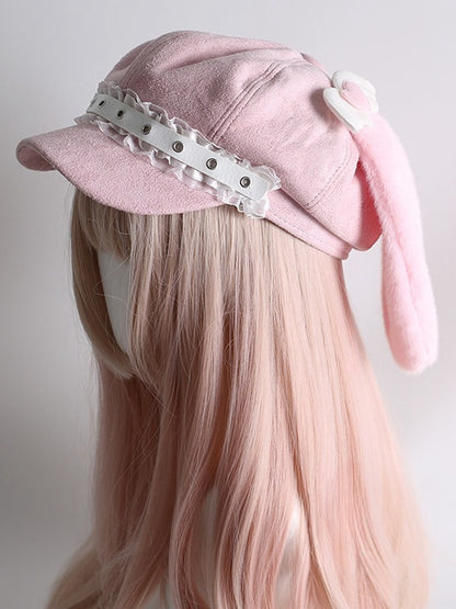 取り外し可能なウサギの耳が付いたピンクのスイートハートウィングベレー帽