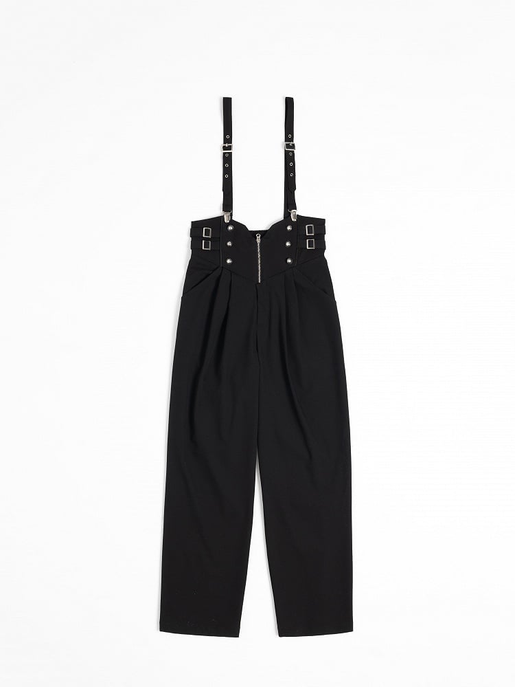 Black High-Waist Ouji Pants with Zip, Buckle Straps, and Shoulder Clips - DevilInspired Exclusive Collection