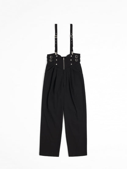 Black High-Waist Ouji Pants with Zip, Buckle Straps, and Shoulder Clips - DevilInspired Exclusive Collection