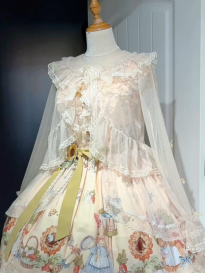 Lolita Bowknots with Sheer Ruffled and Top Trim Apricot Lace