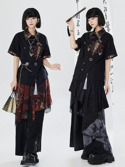 Embroidered Dragon Short Sleeve Shirt - Qing Tang Original