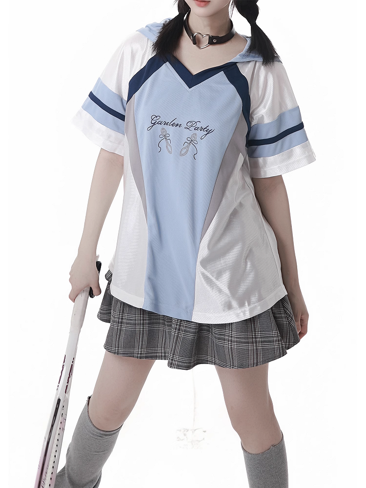 Blue Colorblock Design V-neck Blokette Core Hooded T-shirt