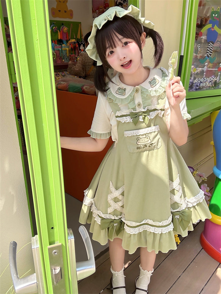 Light Green Frog Embroidery Lace Trim Overalls