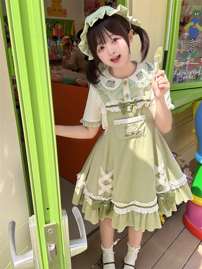 Light Green Frog Embroidery Lace Trim Overalls