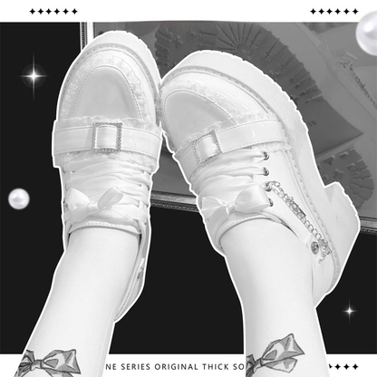 Jirai Kei Polished White Platform Shoes - PU Leather with Detachable Cross Chain, Rhinestone Buckle & Ribbon Lace-Up