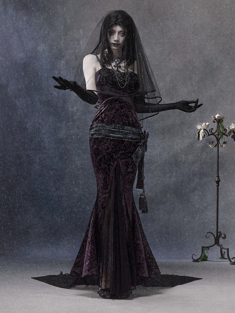 Velvet Mermaid Slip Gown in Purple and Gray with Sequin Lace, Detachable Bow and Train - Blood Supply