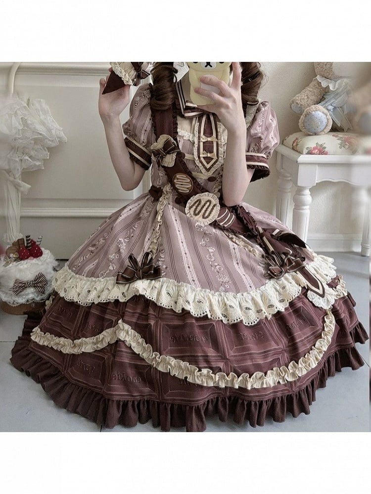 Chocolate Short Sleeve Lolita OP Dress with Lace - Lineall Cat