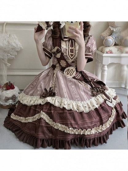 Chocolate Short Sleeve Lolita OP Dress with Lace - Lineall Cat