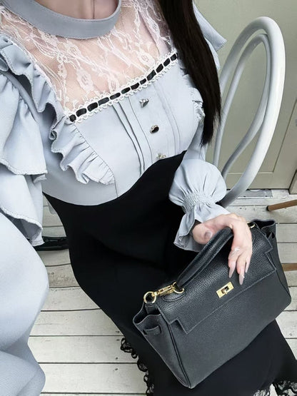 Design Lace Ruffled Kei Black Long-Sleeve Blue Dress Jirai Panel