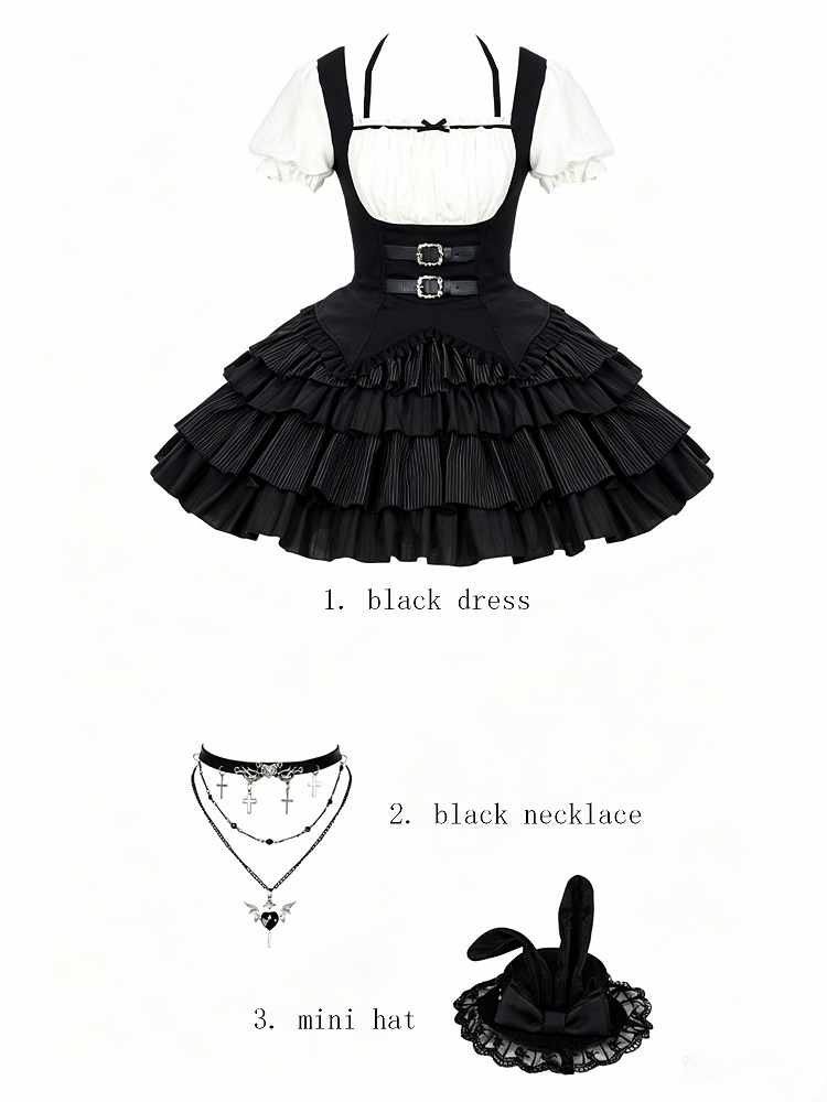 Black & White Striped Halter OP Dress with Necklace and Rabbit Hat - With PUJI