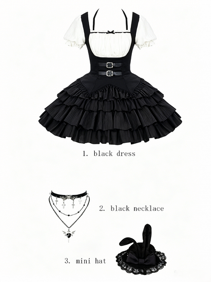 Black & White Striped Halter OP Dress with Necklace and Rabbit Hat - With PUJI